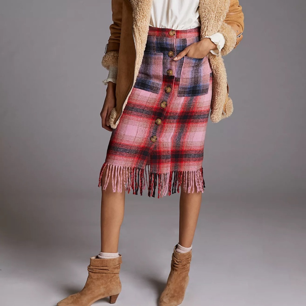 Maeve for Anthropologie Fringed Plaid Skirt Pink Size 2